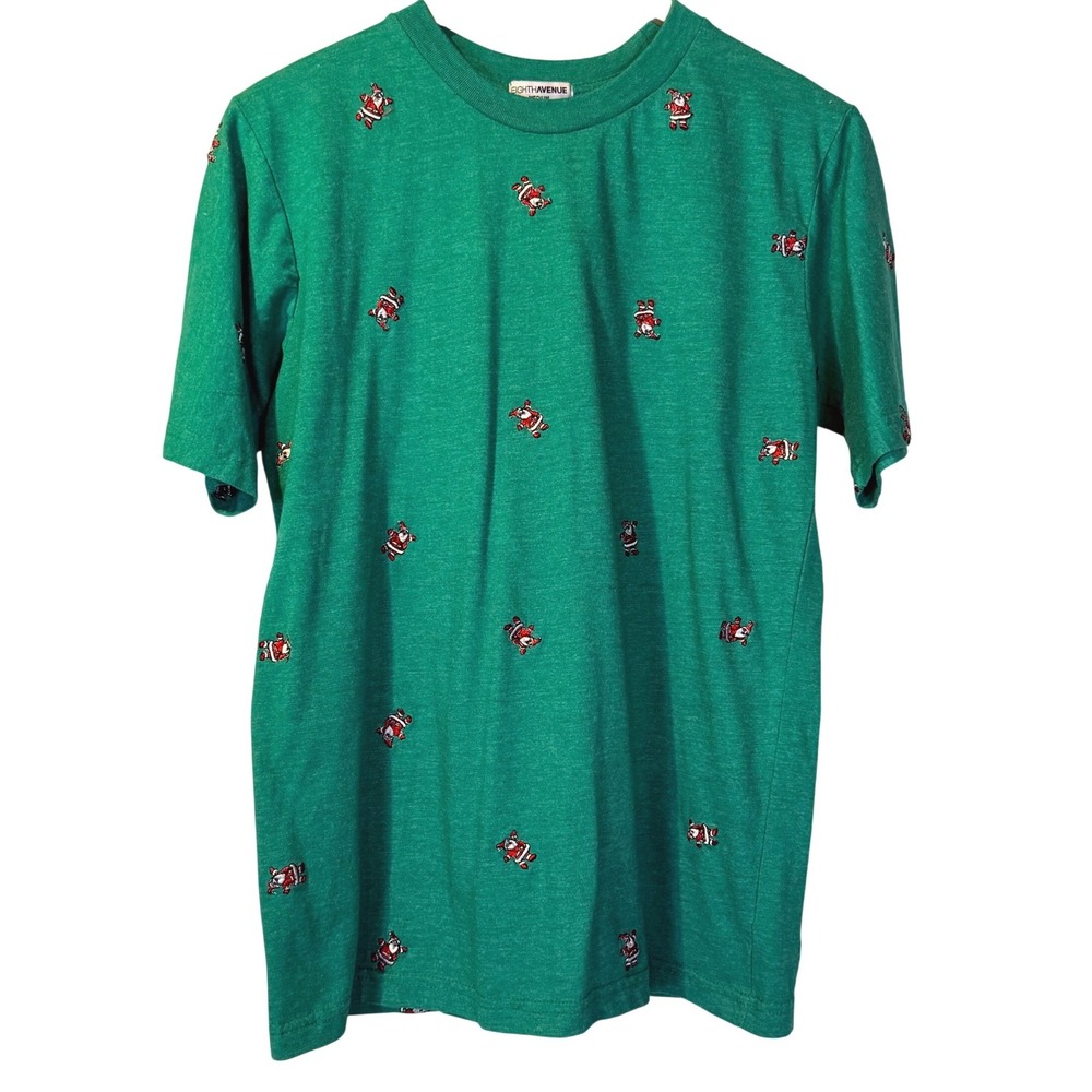 EIGHTH AVENUE‎ Men's Green Santa Claus Embroidered Crew Neck T-Shirt M Christmas